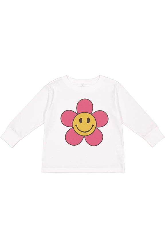 Smiley Face Flower Cute Pink and Yellow Boys or Girls Long Sleeve Toddler T-Shirt