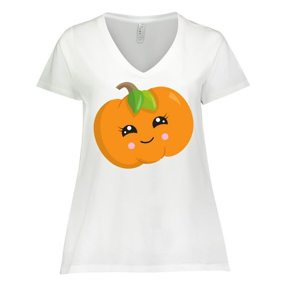 Inktastic Smiling Pumpkin, Halloween, Orange Pumpkin Women's Plus Size V-Neck T-Shirt