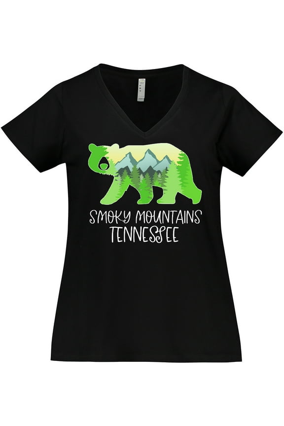 Smoky Mountains, Tennessee- Mountains and Bear Shape Women's Plus Size V-Neck T-Shirt