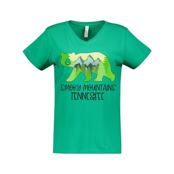 Inktastic Smoky Mountains, Tennessee- Mountains and Bear Shape Women's V-Neck T-Shirt