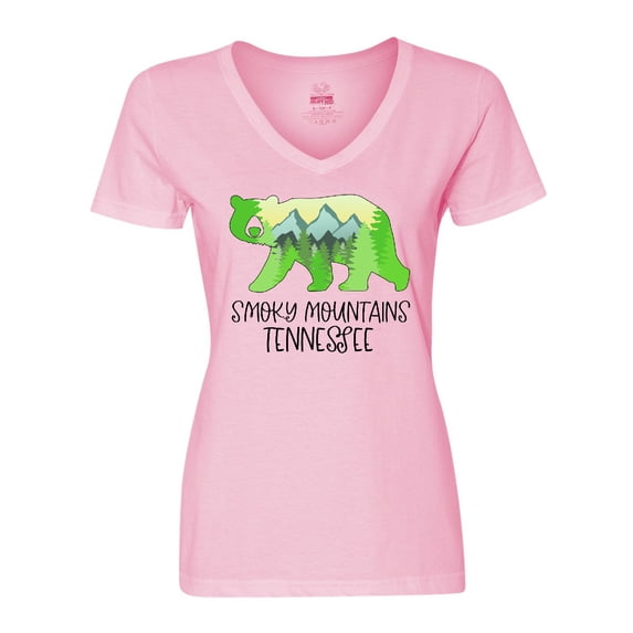 Inktastic Smoky Mountains, Tennessee- Mountains and Bear Shape Women's V-Neck T-Shirt