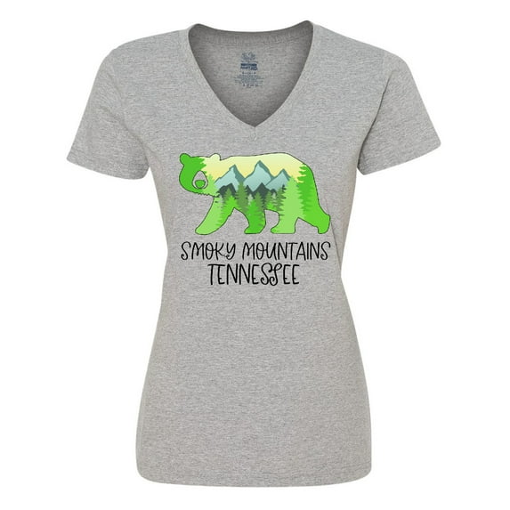 Inktastic Smoky Mountains, Tennessee- Mountains and Bear Shape Women's V-Neck T-Shirt