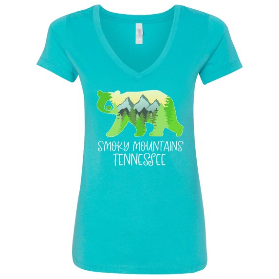 Inktastic Smoky Mountains, Tennessee Mountains and Bear Shape Women's V-Neck T-Shirt