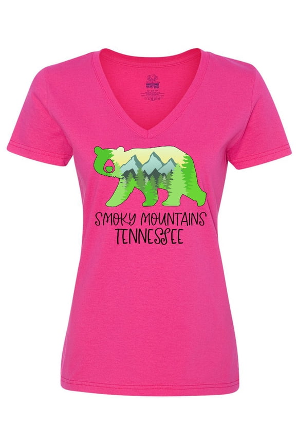 Smoky Mountains, Tennessee- Mountains and Bear Shape Women's V-Neck T-Shirt