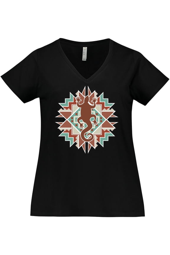 Southwestern Native Pattern Lizard Women's Plus Size V-Neck T-Shirt