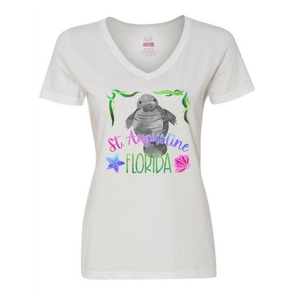 Inktastic St. Augustine Florida Cute Swimming Manatee Women's V-Neck T-Shirt