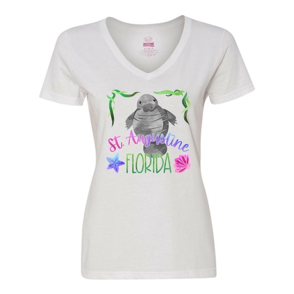 Inktastic St. Augustine Florida Cute Swimming Manatee Women's V-Neck T-Shirt