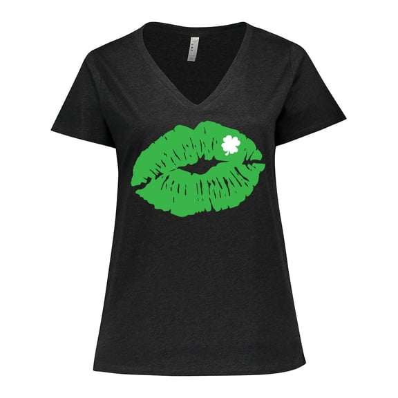 Inktastic St. Patrick's Day Lucky Lips with White Shamrock Women's Plus Size V-Neck T-Shirt