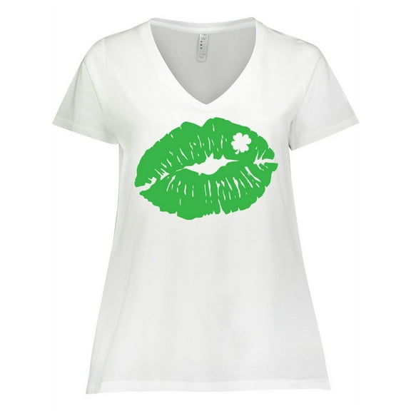 Inktastic St. Patrick's Day Lucky Lips with White Shamrock Women's Plus Size V-Neck T-Shirt