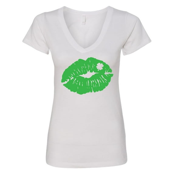 Inktastic St. Patrick's Day Lucky Lips with White Shamrock Women's V-Neck T-Shirt