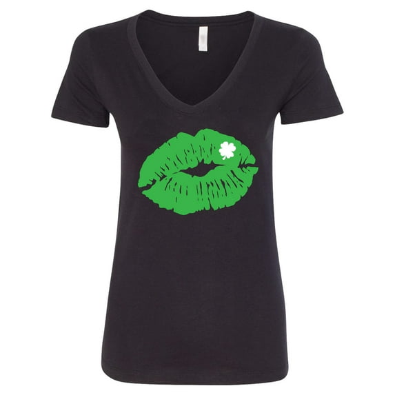 Inktastic St. Patrick's Day Lucky Lips with White Shamrock Women's V-Neck T-Shirt