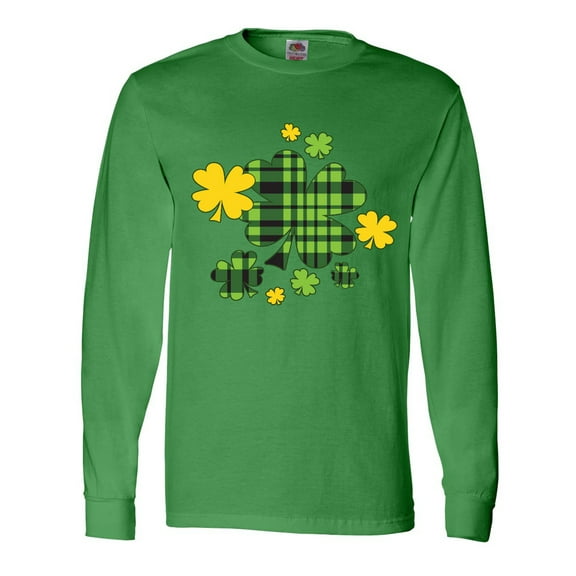 Inktastic St. Patrick's Day Plaid Green and Yellow Shamrocks Long Sleeve T-Shirt
