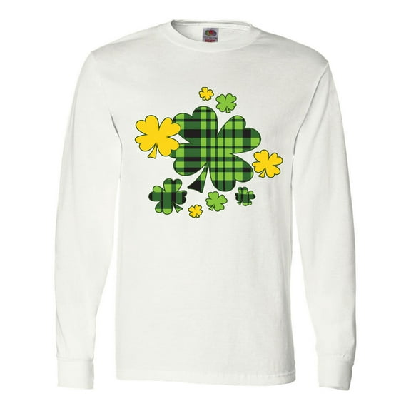 Inktastic St. Patrick's Day Plaid Green and Yellow Shamrocks Long Sleeve T-Shirt