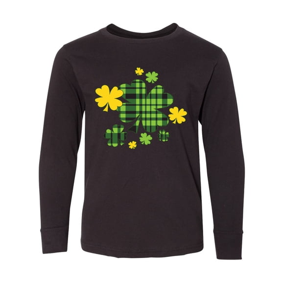 Inktastic St. Patrick's Day Plaid Green and Yellow Shamrocks Long Sleeve Youth T-Shirt