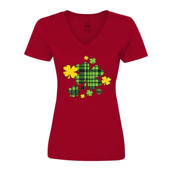 Inktastic St. Patrick's Day Plaid Green and Yellow Shamrocks Women's V-Neck T-Shirt