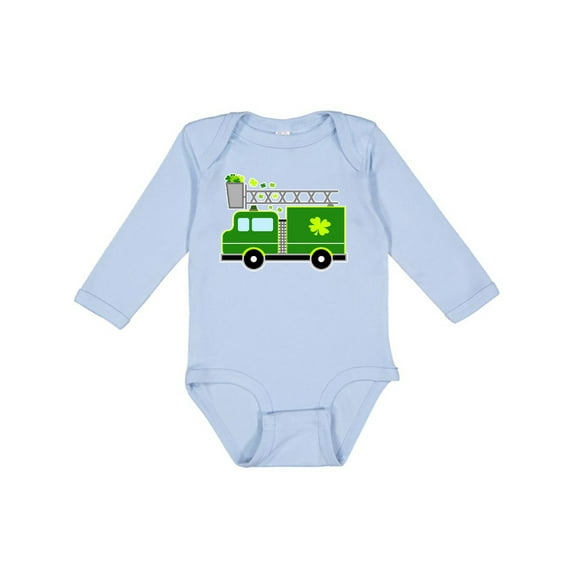 Inktastic St. Patricks Day Fire Truck in Green with Shamrocks Boys or Girls Long Sleeve Baby Bodysuit