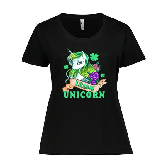 Inktastic St Patricks Day Irish Unicorn Illustration with Shamrocks Women's Plus Size T-Shirt