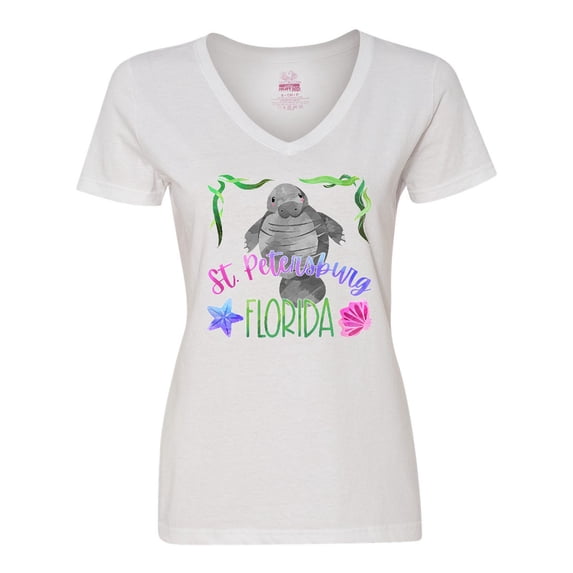 Inktastic St. Petersburg Florida Cute Swimming Manatee Women's V-Neck T-Shirt