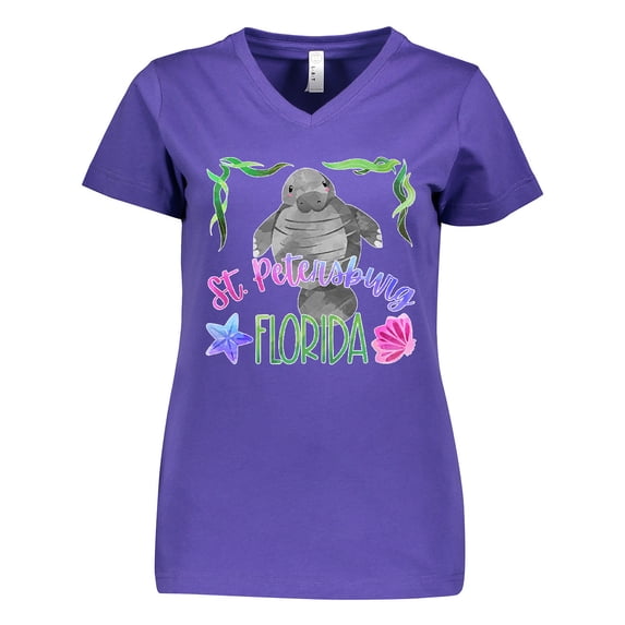 Inktastic St. Petersburg Florida Cute Swimming Manatee Women's V-Neck T-Shirt
