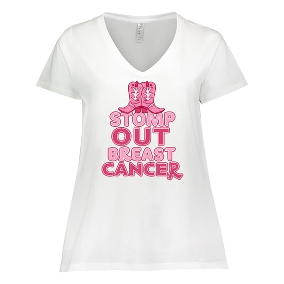 Inktastic Stomp Out Breast Cancer with Pink Cowgirl Boots Women's Plus Size V-Neck T-Shirt