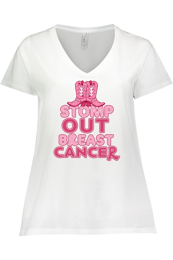 Stomp Out Breast Cancer with Pink Cowgirl Boots Women's Plus Size V-Neck T-Shirt