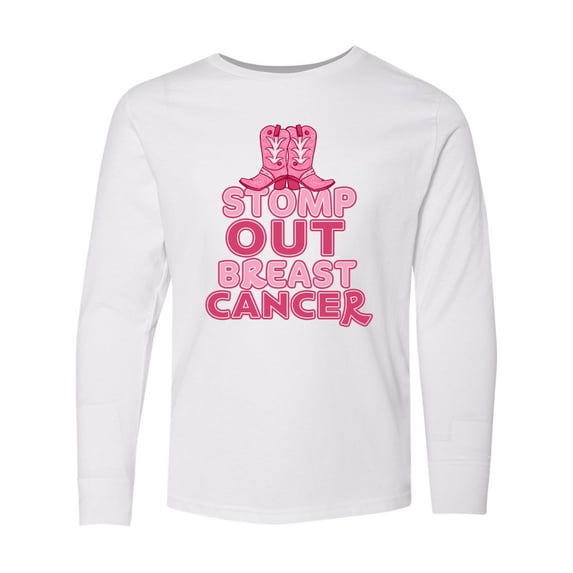 Inktastic Stomp out Breast Cancer with Pink Cowgirl Boots Long Sleeve Youth T-Shirt