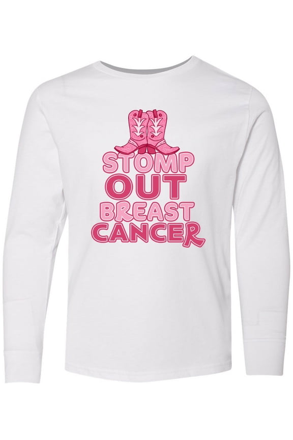 Stomp out Breast Cancer with Pink Cowgirl Boots Long Sleeve Youth T-Shirt