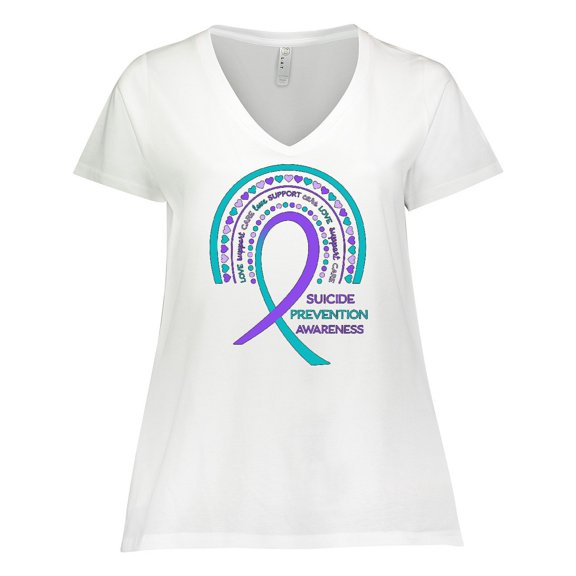 Inktastic Suicide Prevention Awareness Rainbow Ribbon with Hearts Women's Plus Size V-Neck T-Shirt
