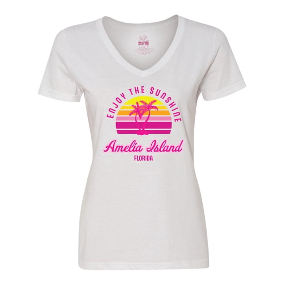 Inktastic Summer Enjoy the Sunshine Amelia Island Florida in Pink Women's V-Neck T-Shirt