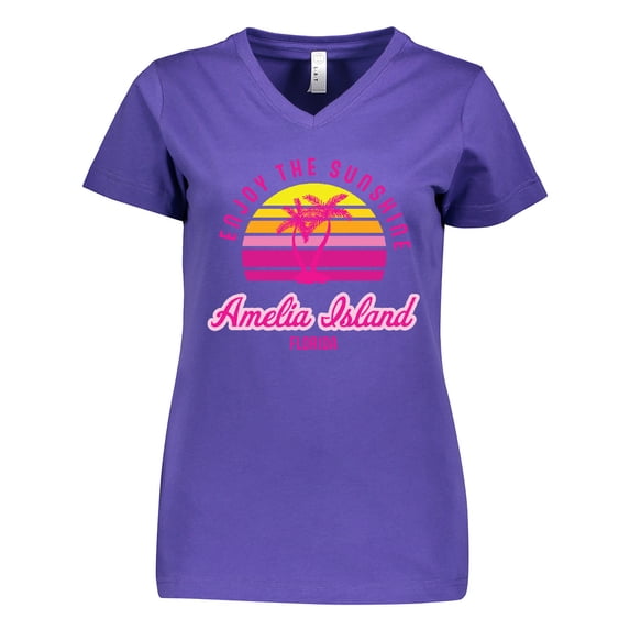 Inktastic Summer Enjoy the Sunshine Amelia Island Florida in Pink Women's V-Neck T-Shirt