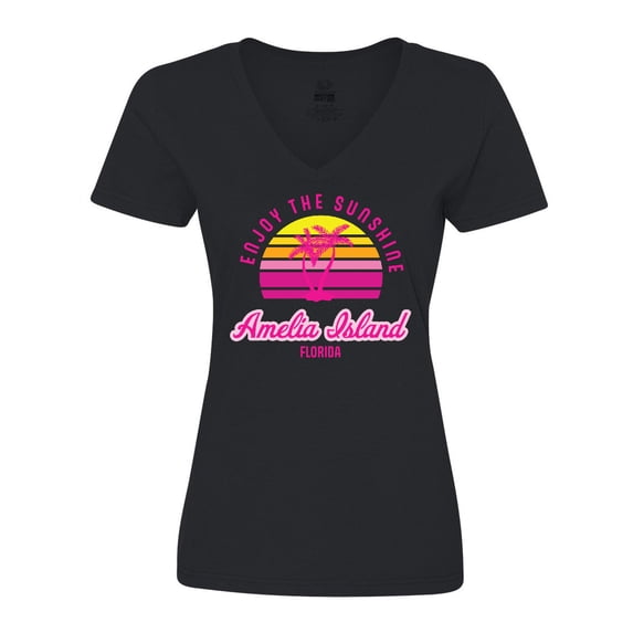 Inktastic Summer Enjoy the Sunshine Amelia Island Florida in Pink Women's V-Neck T-Shirt