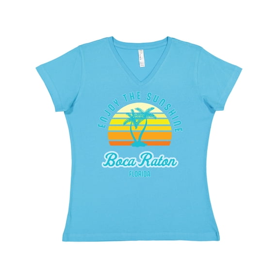 Inktastic Summer Enjoy the Sunshine Boca Raton Florida in Blue Women's V-Neck T-Shirt