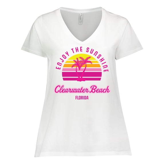 Inktastic Summer Enjoy the Sunshine Clearwater Beach Florida in Pink Women's Plus Size V-Neck T-Shirt