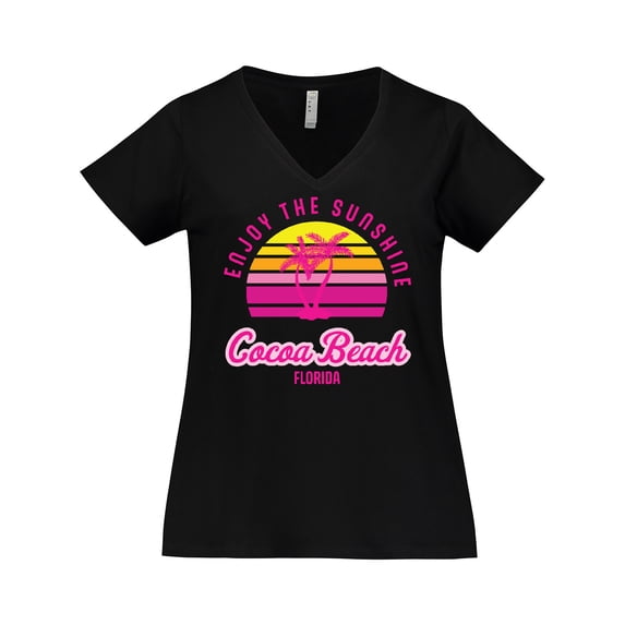 Inktastic Summer Enjoy the Sunshine Cocoa Beach Florida in Pink Women's Plus Size V-Neck T-Shirt