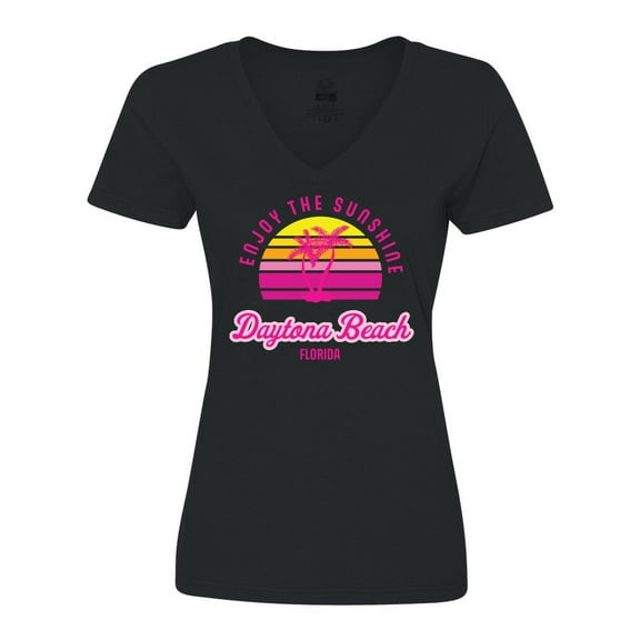 Inktastic Summer Enjoy the Sunshine Daytona Beach Florida in Pink Women's V-Neck T-Shirt