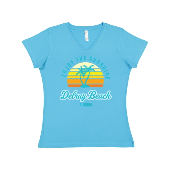 Inktastic Summer Enjoy the Sunshine Delray Beach Florida in Blue Women's V-Neck T-Shirt