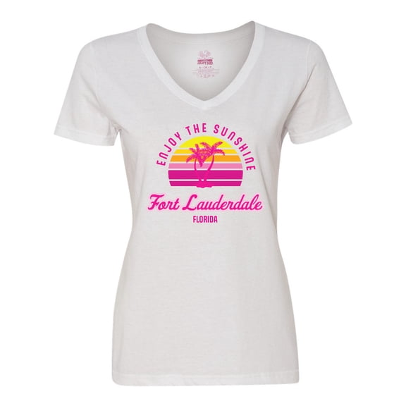 Inktastic Summer Enjoy the Sunshine Fort Lauderdale Florida in Pink Women's V-Neck T-Shirt