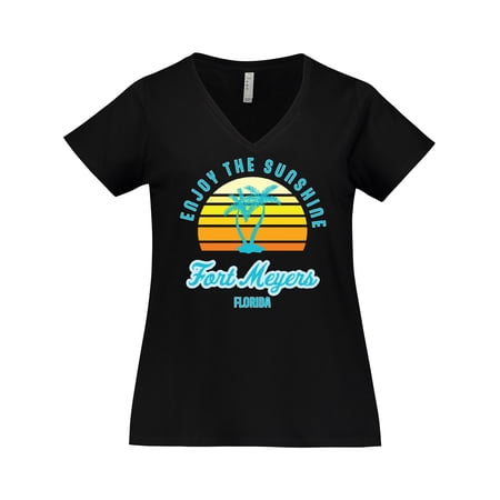 Inktastic Summer Enjoy the Sunshine Fort Meyers Florida in Blue Women's Plus Size V-Neck T-Shirt