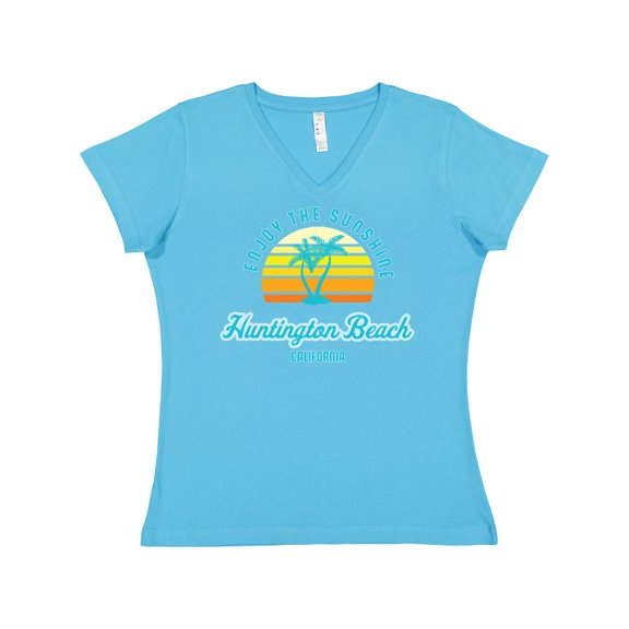 Inktastic Summer Enjoy the Sunshine Huntington Beach California Blue Women's V-Neck T-Shirt