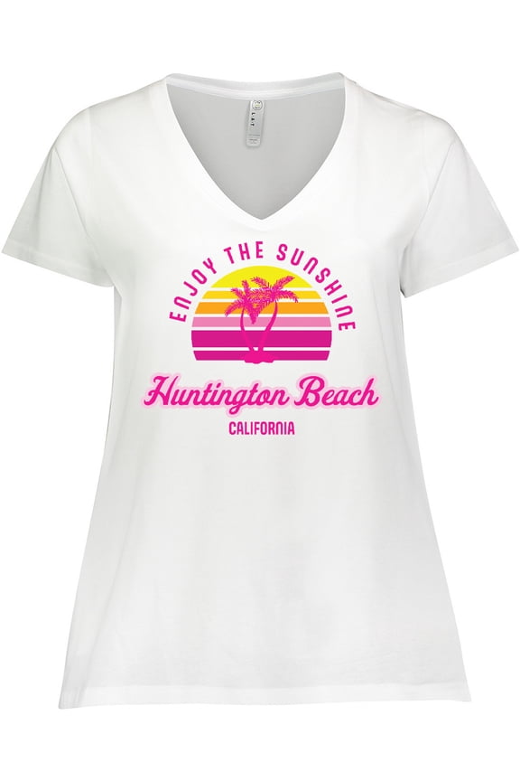 Summer Enjoy the Sunshine Huntington Beach California Pink Women's Plus Size V-Neck T-Shirt