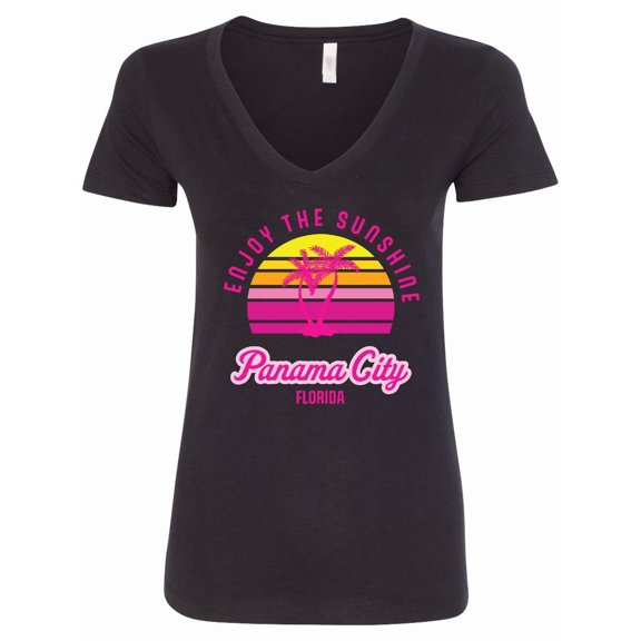 Inktastic Summer Enjoy the Sunshine Panama City Florida in Pink Women's V-Neck T-Shirt