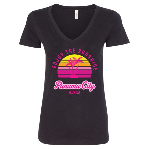 Inktastic Summer Enjoy the Sunshine Panama City Florida in Pink Women's V-Neck T-Shirt