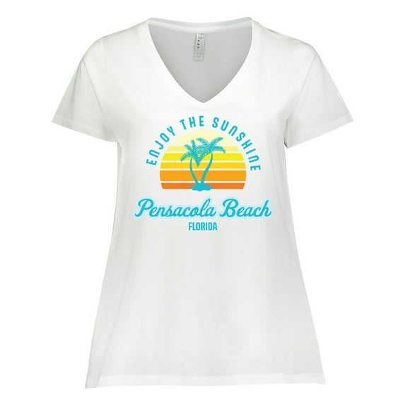 Inktastic Summer Enjoy the Sunshine Pensacola Beach Florida in Blue Women's Plus Size V-Neck T-Shirt