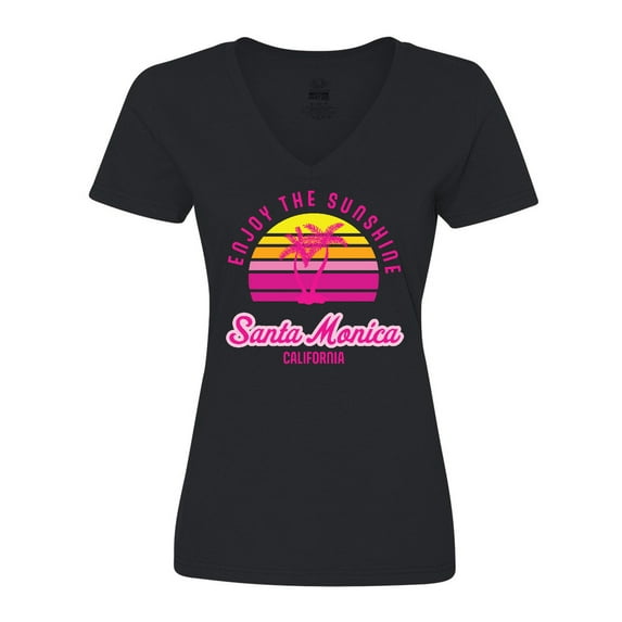 Inktastic Summer Enjoy the Sunshine Santa Monica California in Pink Women's V-Neck T-Shirt