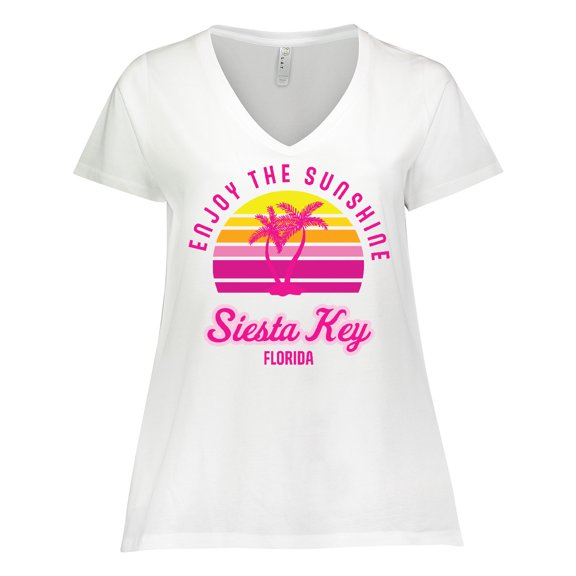 Inktastic Summer Enjoy the Sunshine Siesta Key Florida in Pink Women's Plus Size V-Neck T-Shirt