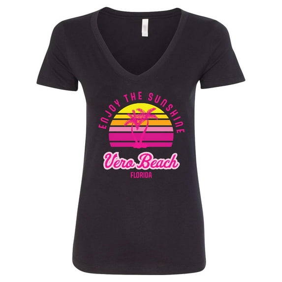 Inktastic Summer Enjoy the Sunshine Vero Beach Florida in Pink Women's V-Neck T-Shirt