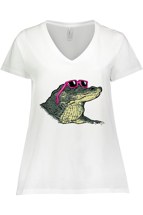 Sunny Gator in Pink Sunglasses Women's Plus Size V-Neck T-Shirt