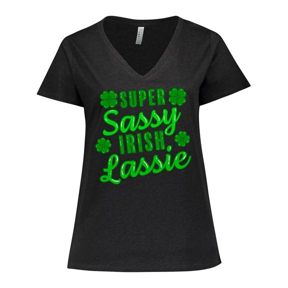Inktastic Super Sassy Irish Lassy with Green 4 Leaf Clovers Women's Plus Size V-Neck T-Shirt