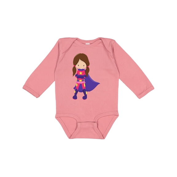 Inktastic Superhero Girl, Brown Hair, Cute Girl, Purple Cape Girls Long Sleeve Baby Bodysuit