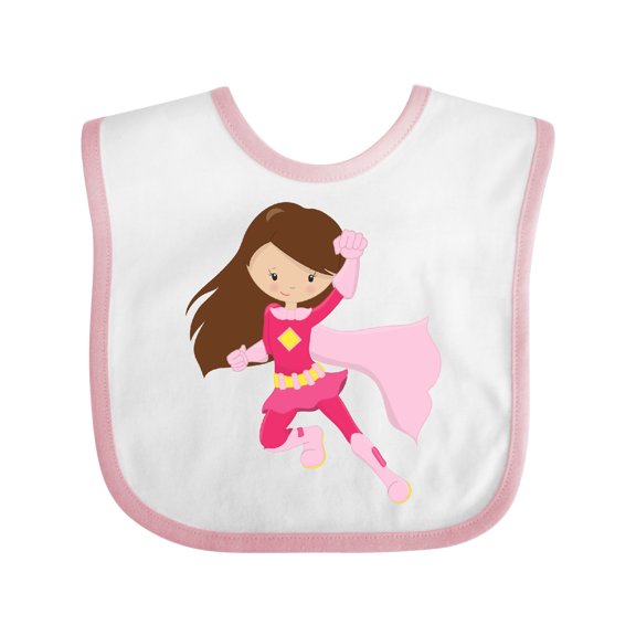 Inktastic Superhero Girl, Brown Hair, Pink Costume Girls Baby Bib